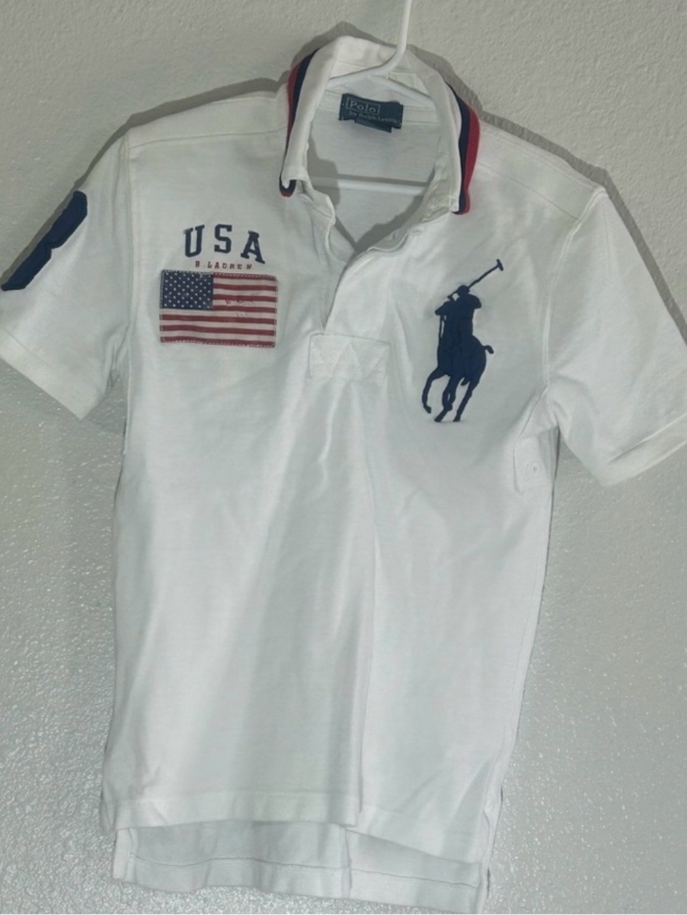 Boys Ralph Lauren White Polo with Navy Logo and USA Patch